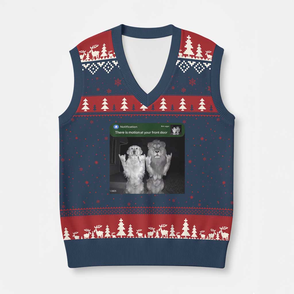 There is Motion at Your Front Door V-Neck Knit Sweater Vest Funny Golden Retriever Dog And Lion Motion Meme TS10 Navy Red Print Your Wear