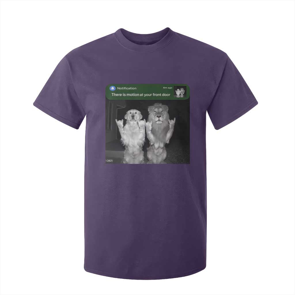 There is Motion at Your Front Door T Shirt For Kid Funny Golden Retriever Dog And Lion Motion Meme TS10 Purple Print Your Wear