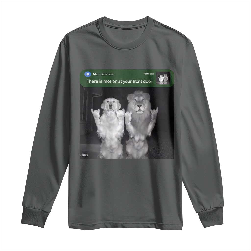 There is Motion at Your Front Door Long Sleeve Shirt Funny Golden Retriever Dog And Lion Motion Meme TS10 Dark Heather Print Your Wear