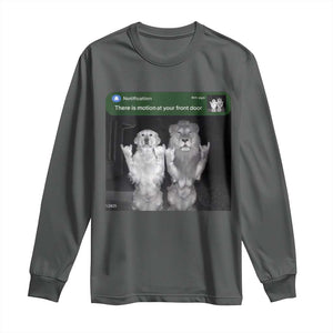 There is Motion at Your Front Door Long Sleeve Shirt Funny Golden Retriever Dog And Lion Motion Meme TS10 Dark Heather Print Your Wear