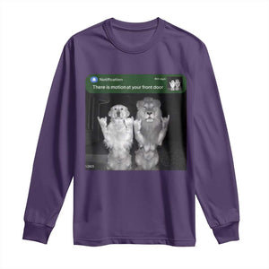 There is Motion at Your Front Door Long Sleeve Shirt Funny Golden Retriever Dog And Lion Motion Meme TS10 Purple Print Your Wear
