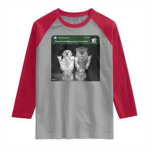 There is Motion at Your Front Door Raglan Shirt Funny Golden Retriever Dog And Lion Motion Meme TS10 Sport Gray Red Print Your Wear