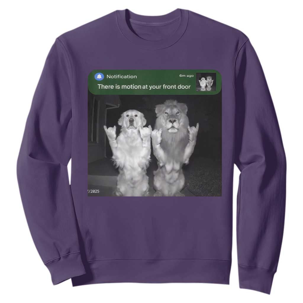 There is Motion at Your Front Door Sweatshirt Funny Golden Retriever Dog And Lion Motion Meme TS10 Purple Print Your Wear