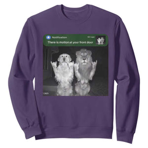 There is Motion at Your Front Door Sweatshirt Funny Golden Retriever Dog And Lion Motion Meme TS10 Purple Print Your Wear