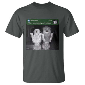 There is Motion at Your Front Door T Shirt Funny Golden Retriever Dog And Lion Motion Meme TS10 Dark Heather Print Your Wear