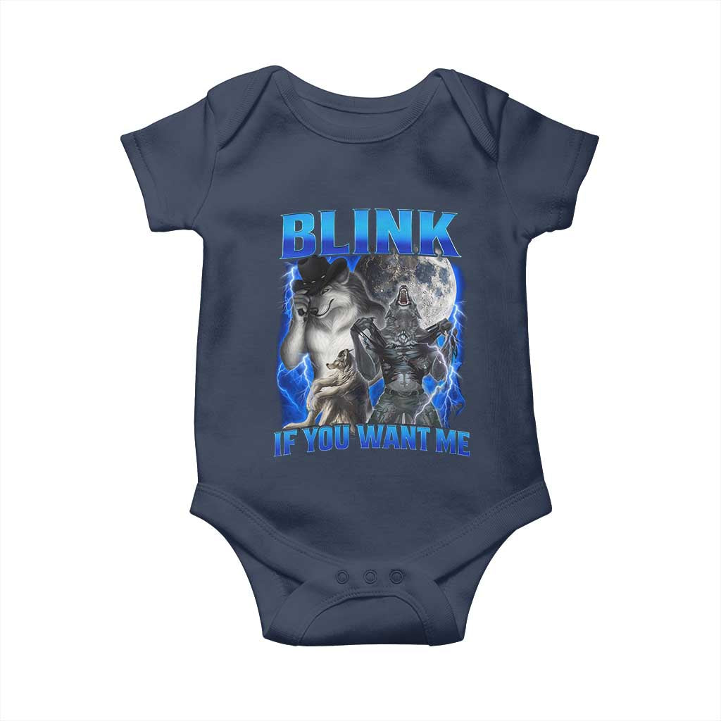 Funny Alpha Wolf Meme Baby Onesie Blink If You Want Me Bootleg Cringe Humor TS10 Navy Print Your Wear