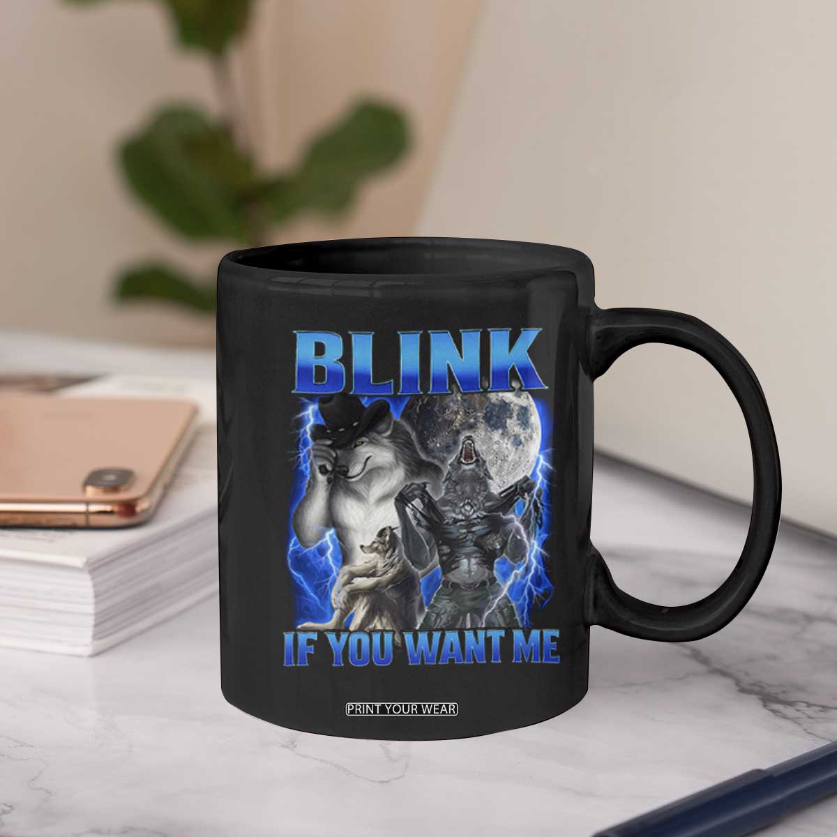 Funny Alpha Wolf Meme Coffee Mug Blink If You Want Me Bootleg Cringe Humor TS10 Print Your Wear