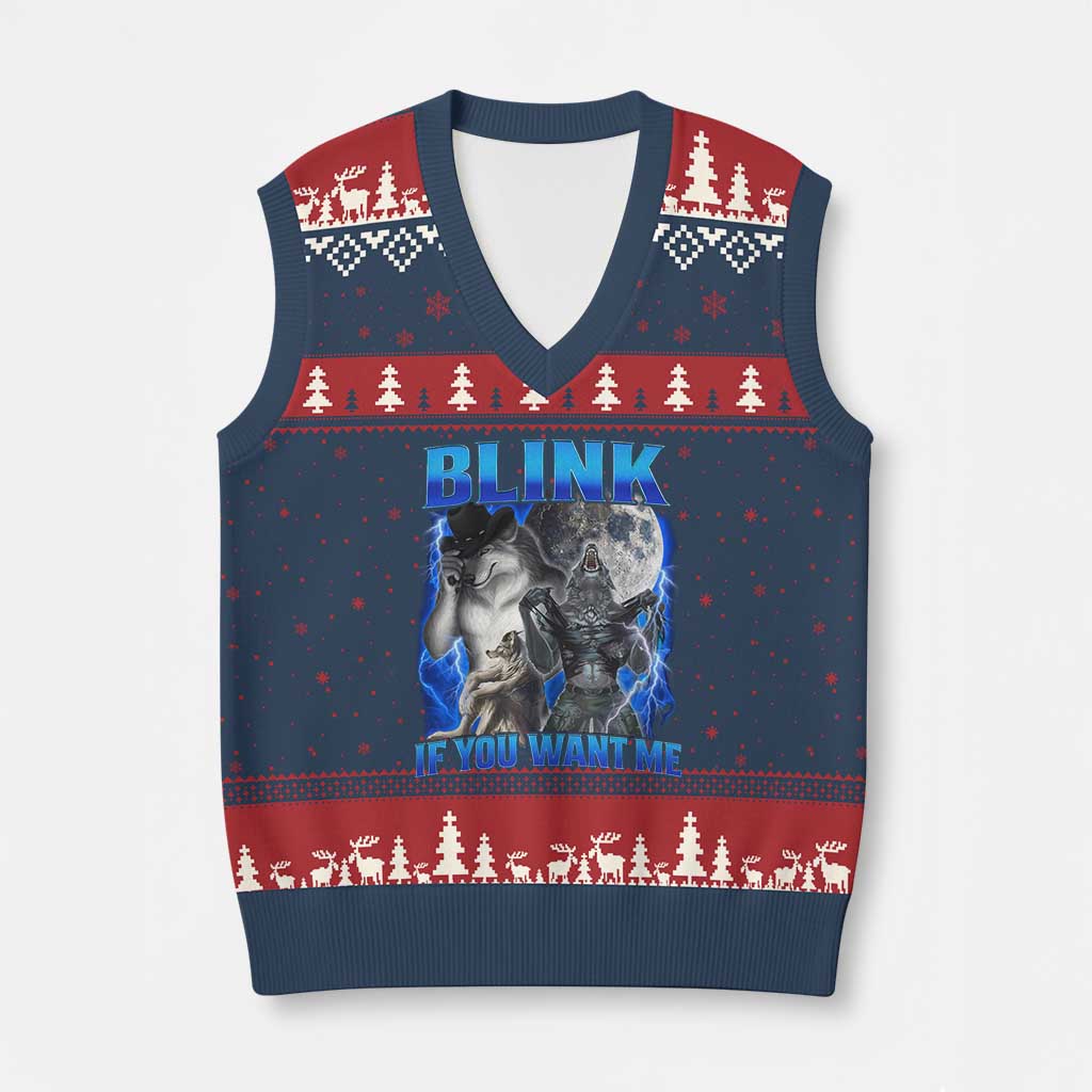 Funny Alpha Wolf Meme V-Neck Knit Sweater Vest Blink If You Want Me Bootleg Cringe Humor TS10 Navy Red Print Your Wear