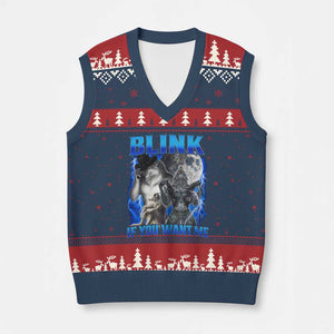 Funny Alpha Wolf Meme V-Neck Knit Sweater Vest Blink If You Want Me Bootleg Cringe Humor TS10 Navy Red Print Your Wear