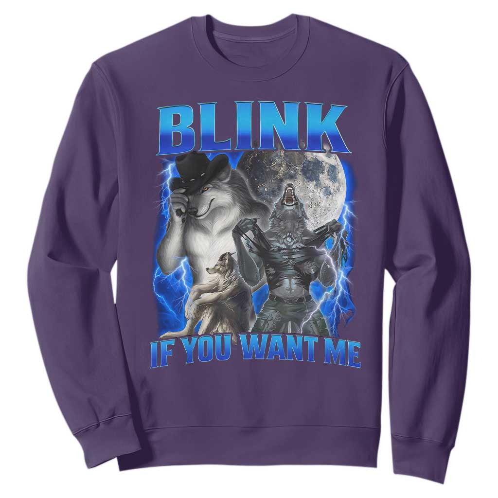 Funny Alpha Wolf Meme Sweatshirt Blink If You Want Me Bootleg Cringe Humor TS10 Purple Print Your Wear