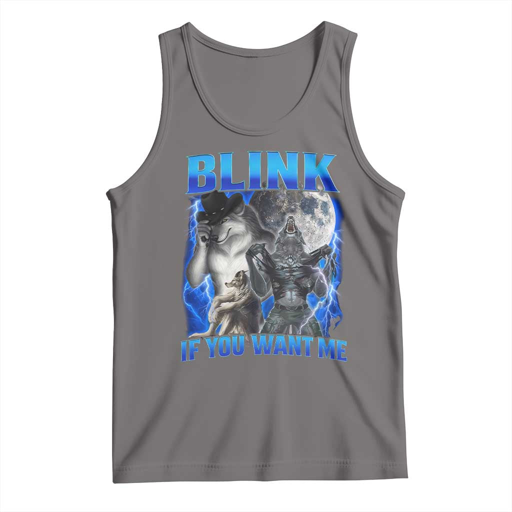 Funny Alpha Wolf Meme Tank Top Blink If You Want Me Bootleg Cringe Humor TS10 Deep Heather Print Your Wear