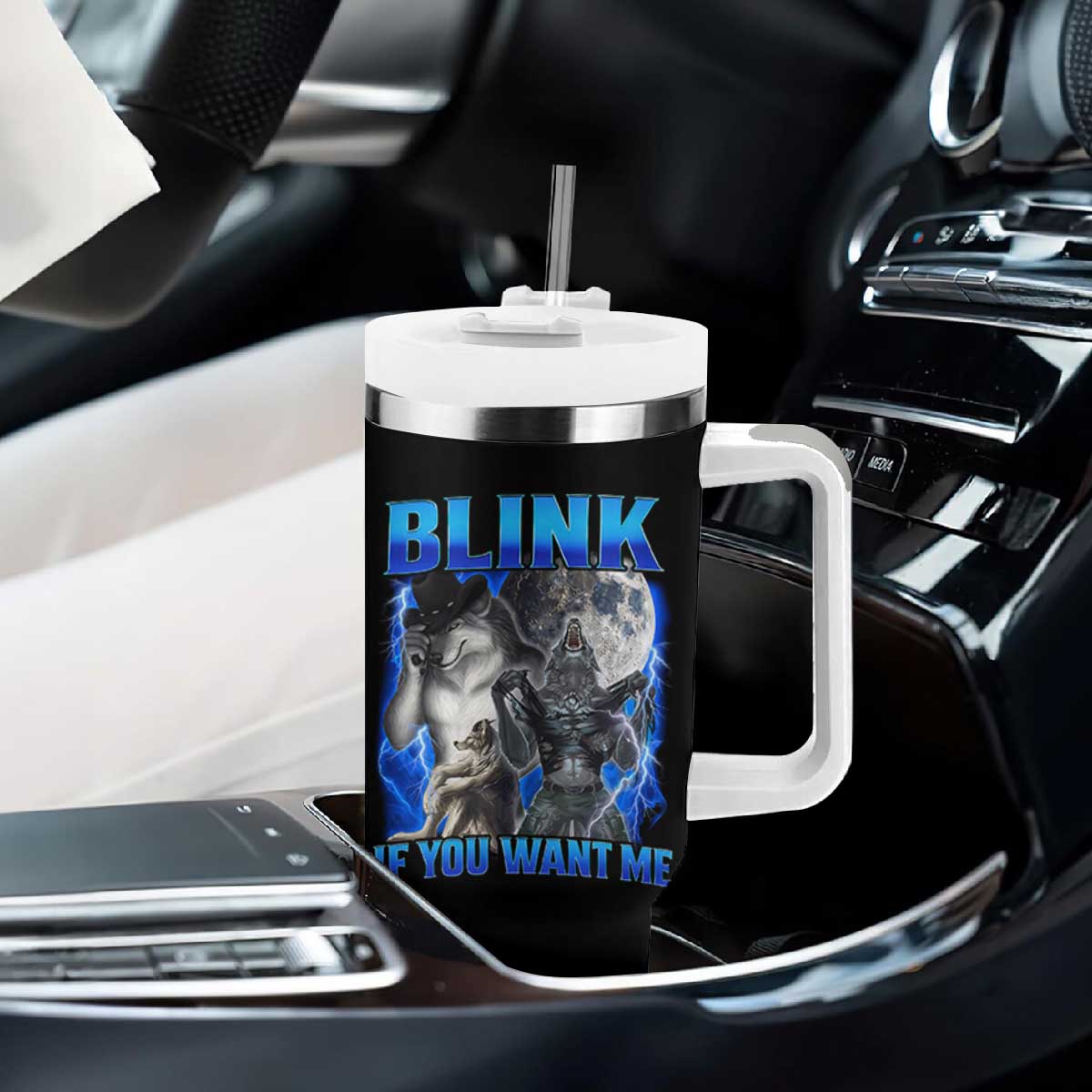 Funny Alpha Wolf Meme Tumbler With Handle Blink If You Want Me Bootleg Cringe Humor TS10 Print Your Wear
