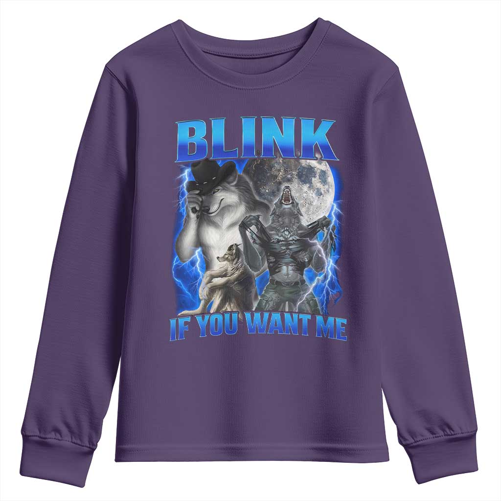 Funny Alpha Wolf Meme Youth Sweatshirt Blink If You Want Me Bootleg Cringe Humor TS10 Purple Print Your Wear