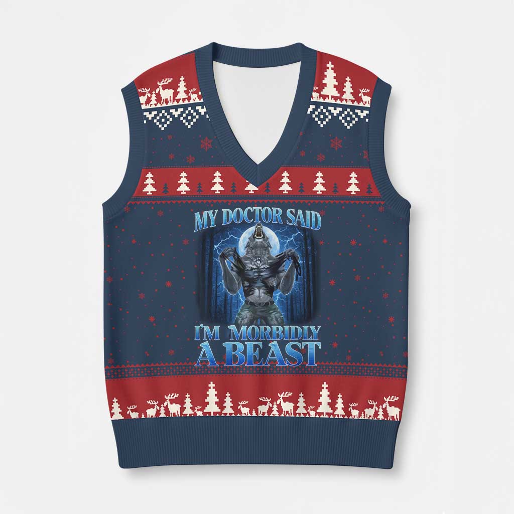 Funny Alpha Wolf V-Neck Knit Sweater Vest My Doctor Said I'm Morbidly A Beast Meme TS10 Navy Red Print Your Wear
