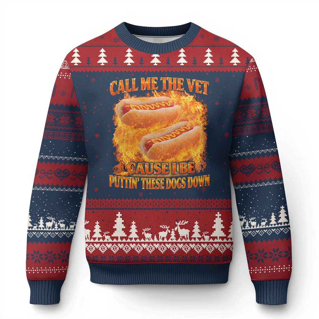Funny Hard Hot Dog Meme Ugly Christmas Sweater Call Me The Vet Cause I Be Bootleg TS10 Navy Red Print Your Wear