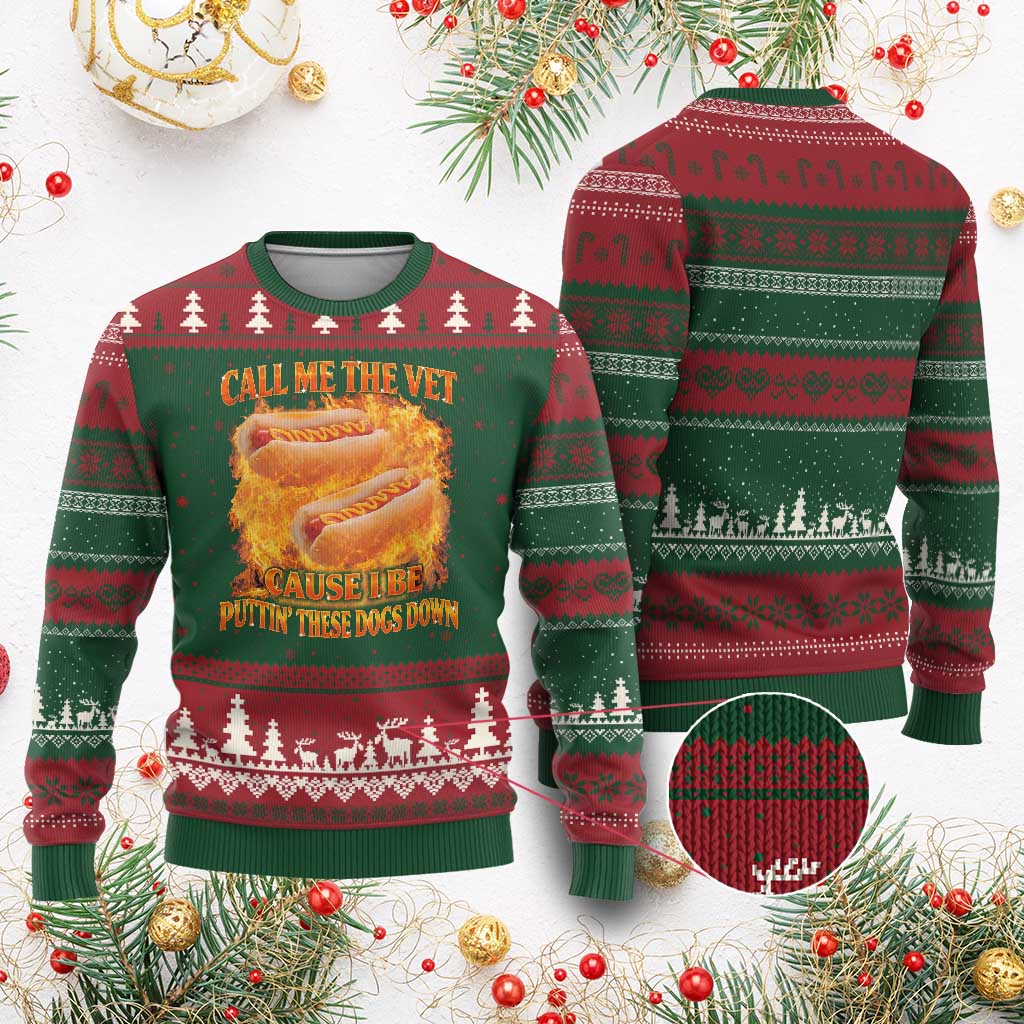 Funny Hard Hot Dog Meme Ugly Christmas Sweater Call Me The Vet Cause I Be Bootleg TS10 Red Green Print Your Wear