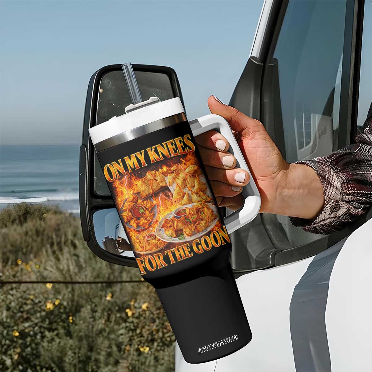 Funny Crab Rangoon Meme Tumbler With Handle Vintage 90s Style On My Knees Bootleg Graphic TS10 Print Your Wear