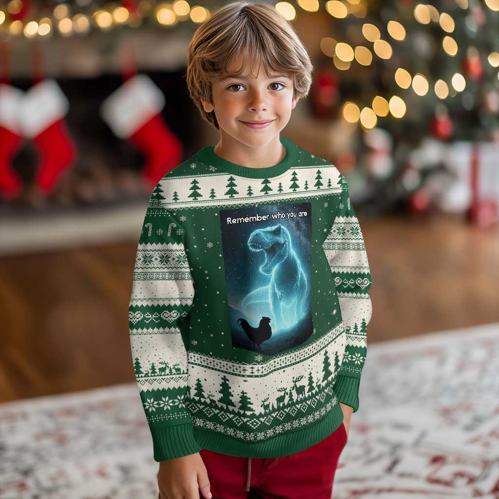 Remember Who You Are Ugly Christmas Sweater Funny Evolution Joke Meme Chicken Dinosaur TS10 Forest Green Beige Print Your Wear