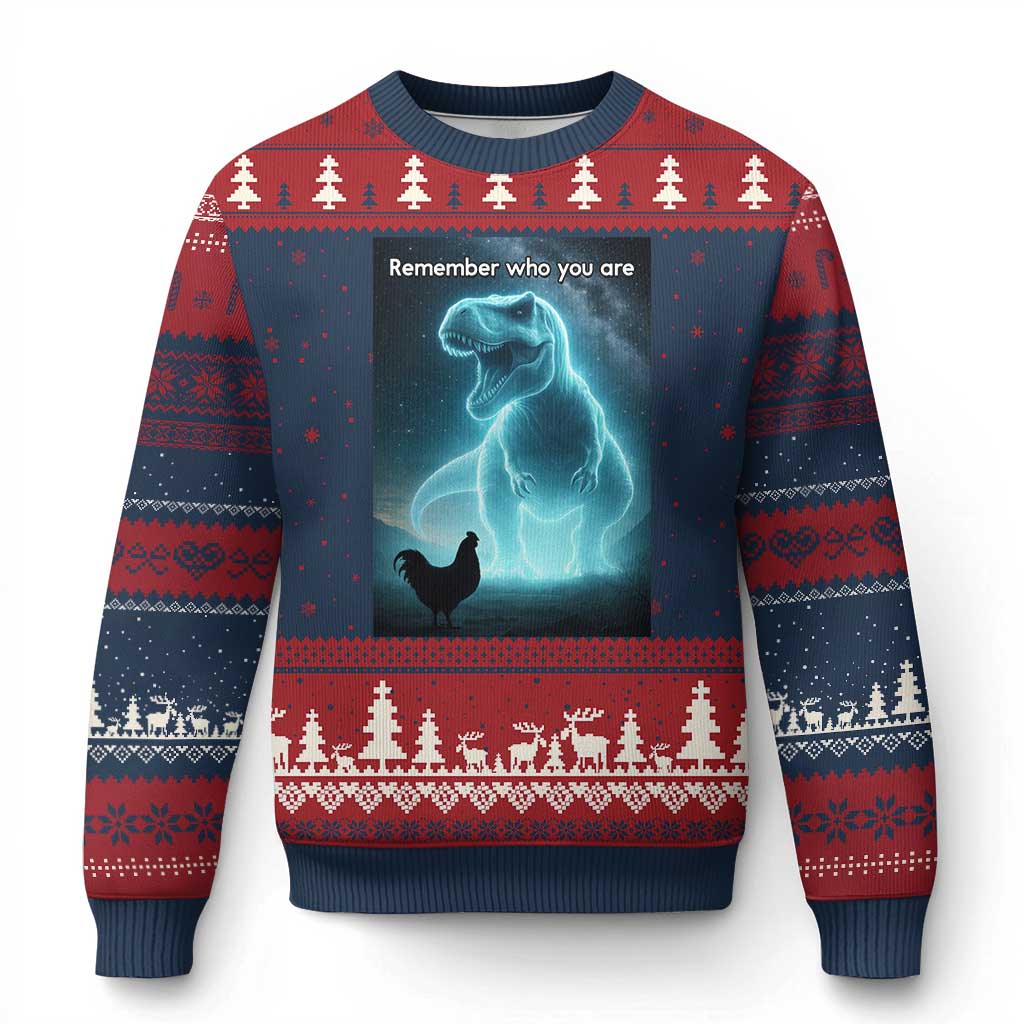 Remember Who You Are Ugly Christmas Sweater Funny Evolution Joke Meme Chicken Dinosaur TS10 Navy Red Print Your Wear