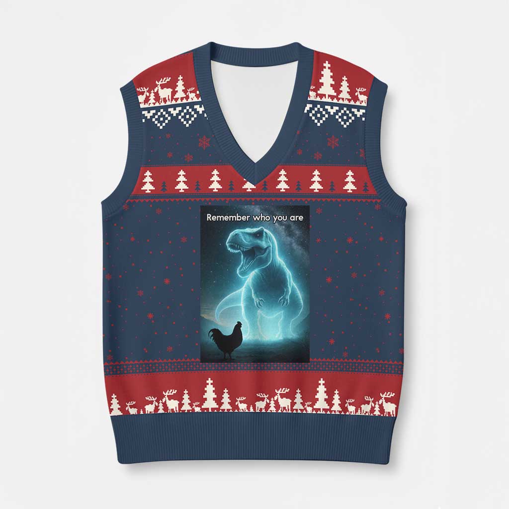 Remember Who You Are V-Neck Knit Sweater Vest Funny Evolution Joke Meme Chicken Dinosaur TS10 Navy Red Print Your Wear