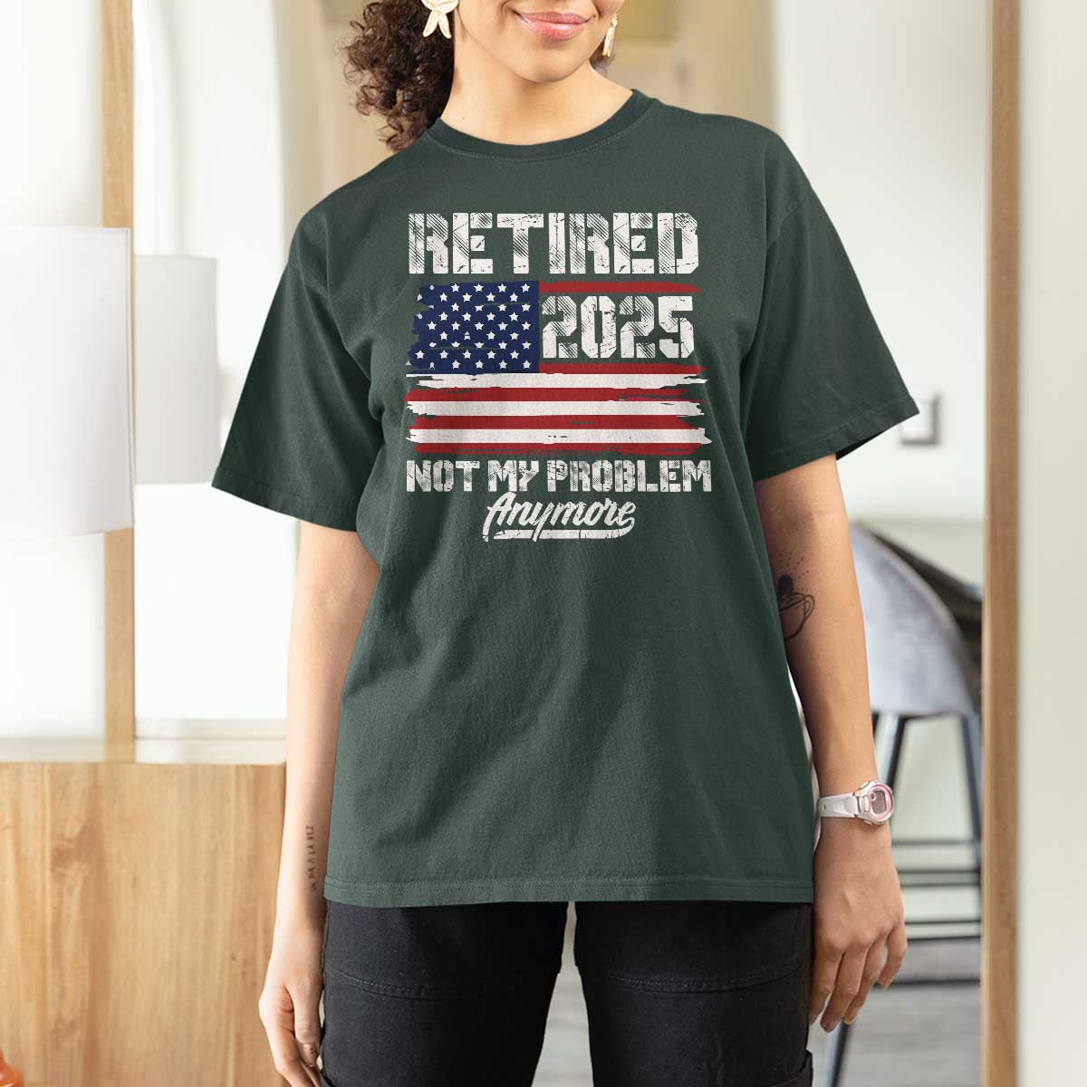 Vintage Retired 2025 T Shirt For Women Not My Problem Anymore American Flag TS10 Dark Forest Green Print Your Wear