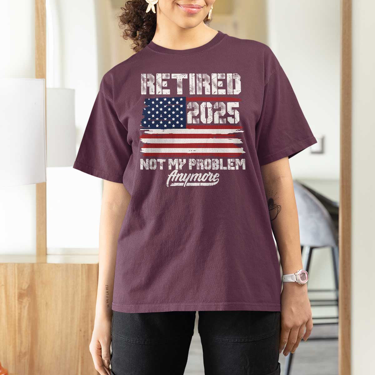 Vintage Retired 2025 T Shirt For Women Not My Problem Anymore American Flag TS10 Maroon Print Your Wear