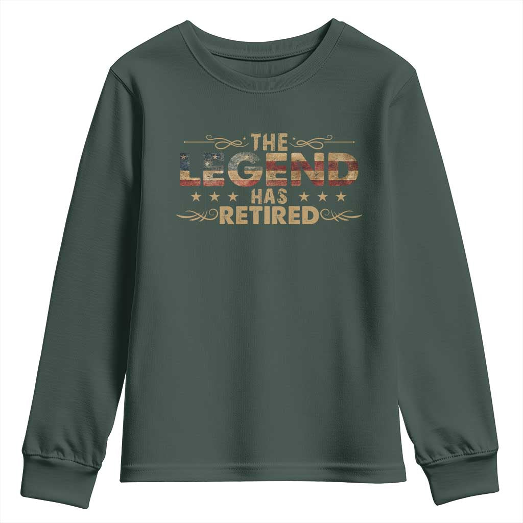 The Legend Has Retired 2025 Youth Sweatshirt Retro American Flag TS10 Dark Forest Green Print Your Wear