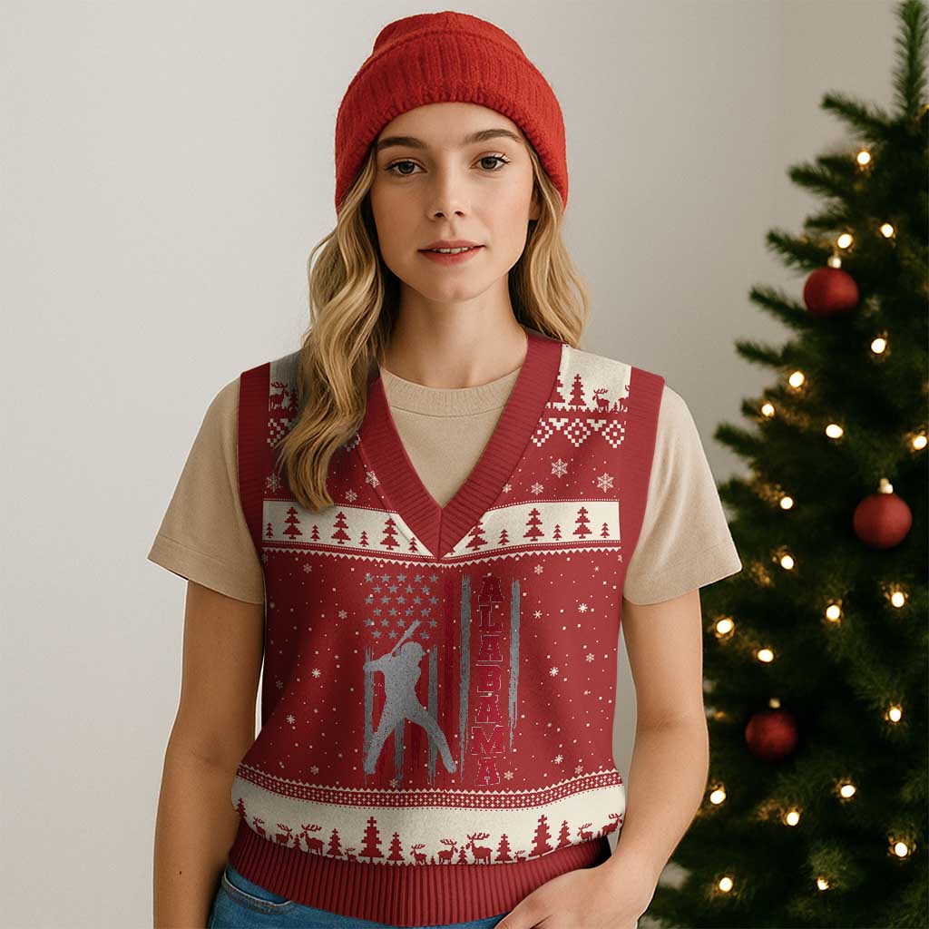 Alabama Fan V-Neck Knit Sweater Vest Vintage Bama Baseball Lovers American Flag AL State TS10 Red Beige Print Your Wear