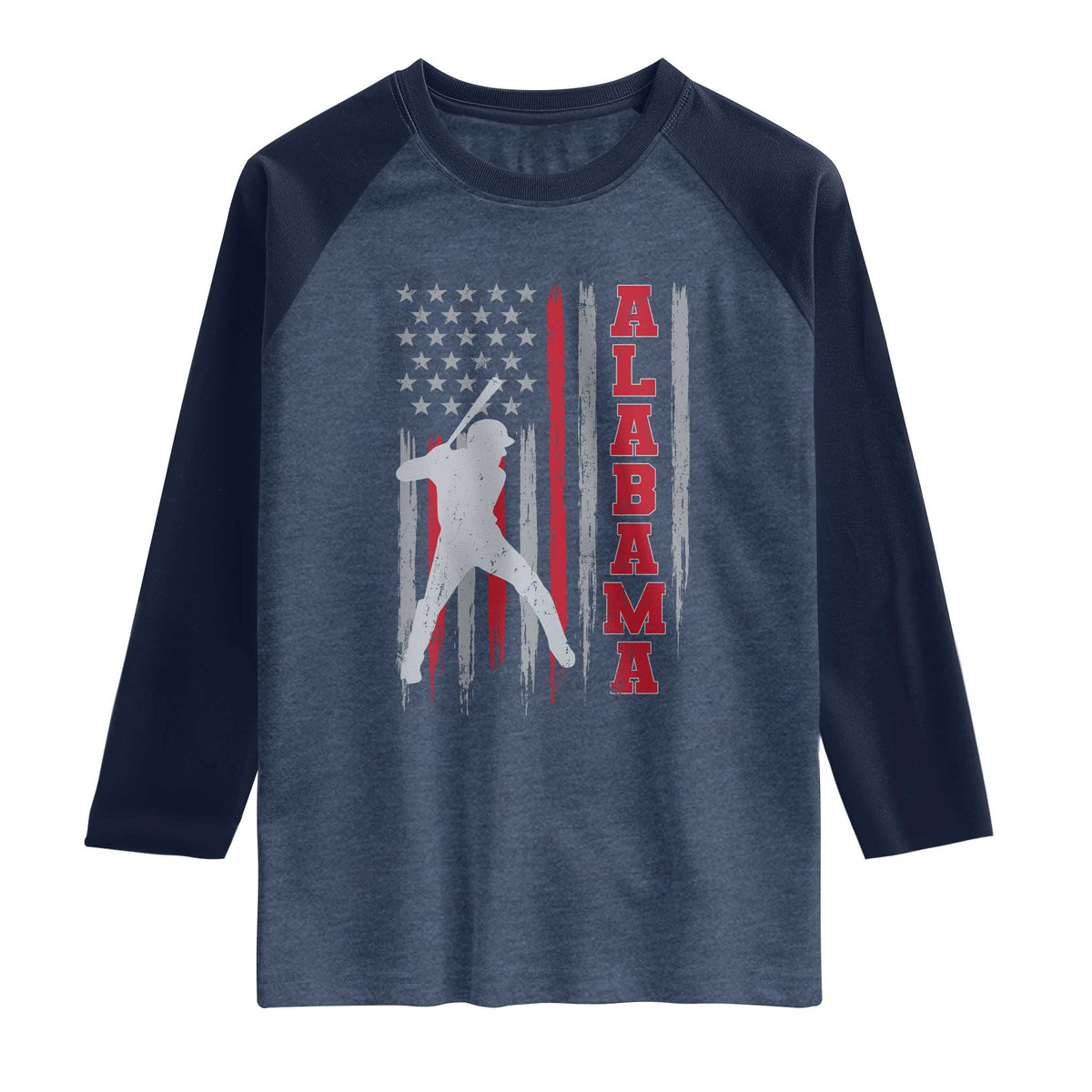 Alabama Fan Raglan Shirt Vintage Bama Baseball Lovers American Flag AL State TS10 Heather Denim Navy Print Your Wear