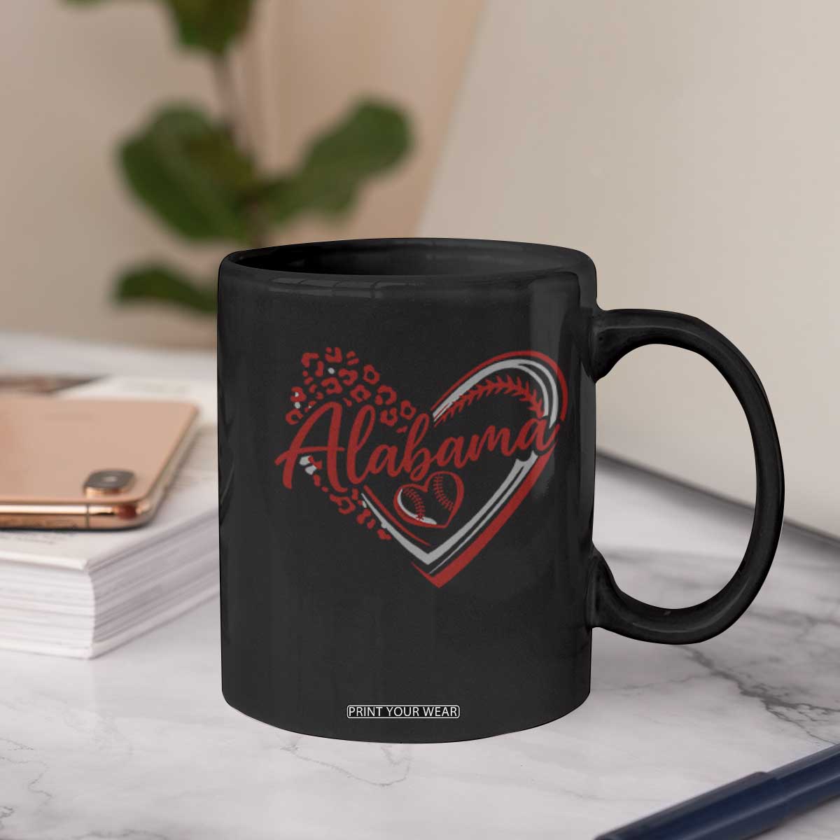 Alabama Fan Coffee Mug Bama Baseball Leopard Heart Graphic Game Day TS10 Print Your Wear