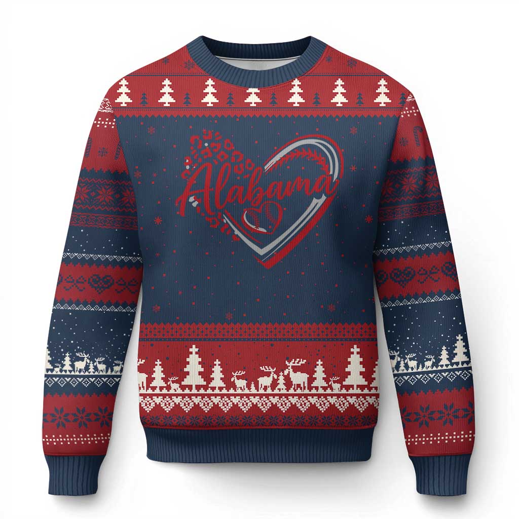 Alabama Fan Ugly Christmas Sweater Bama Baseball Leopard Heart Graphic Game Day TS10 Navy Red Print Your Wear