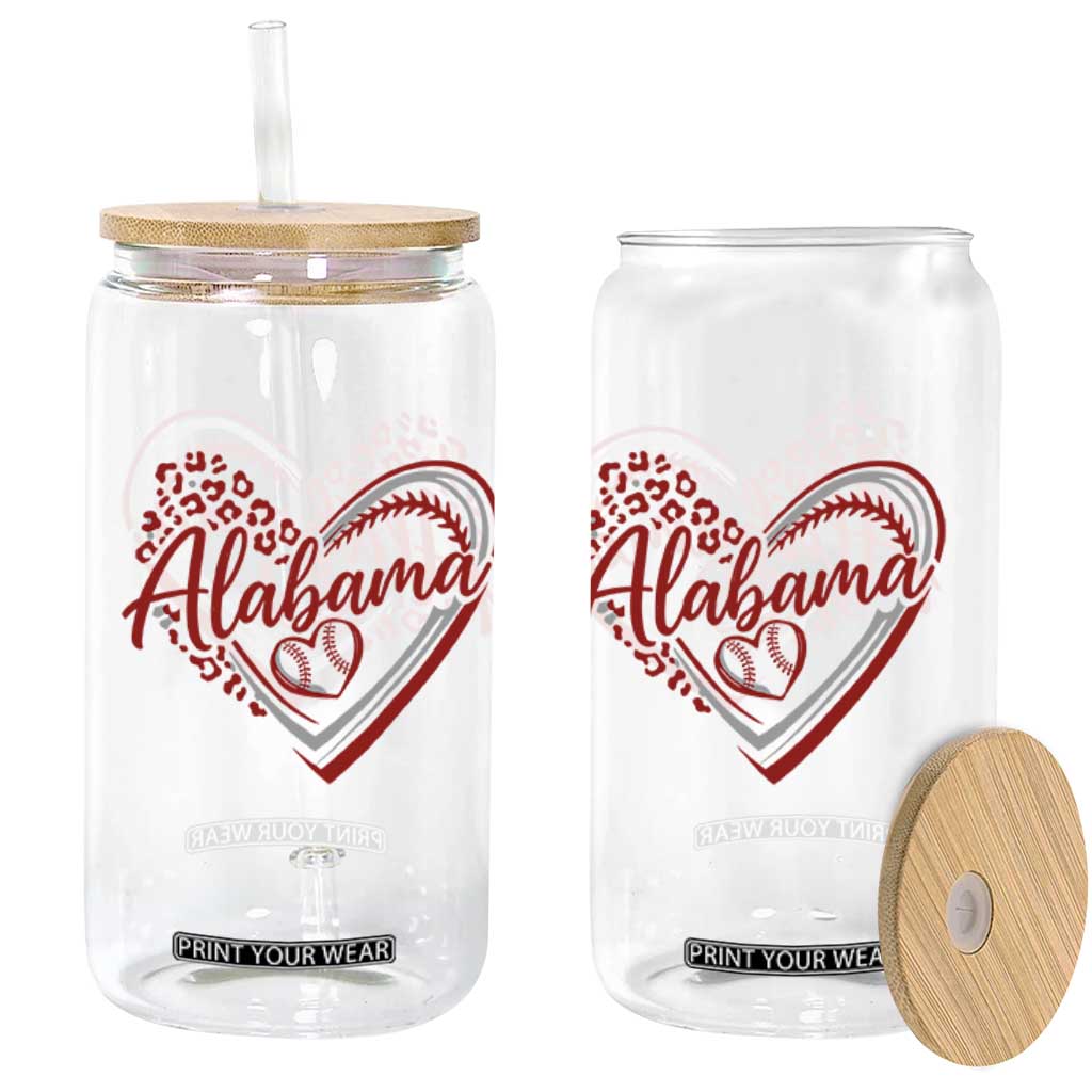 Alabama Fan Glass Can Bama Baseball Leopard Heart Graphic Game Day TS10 Print Your Wear