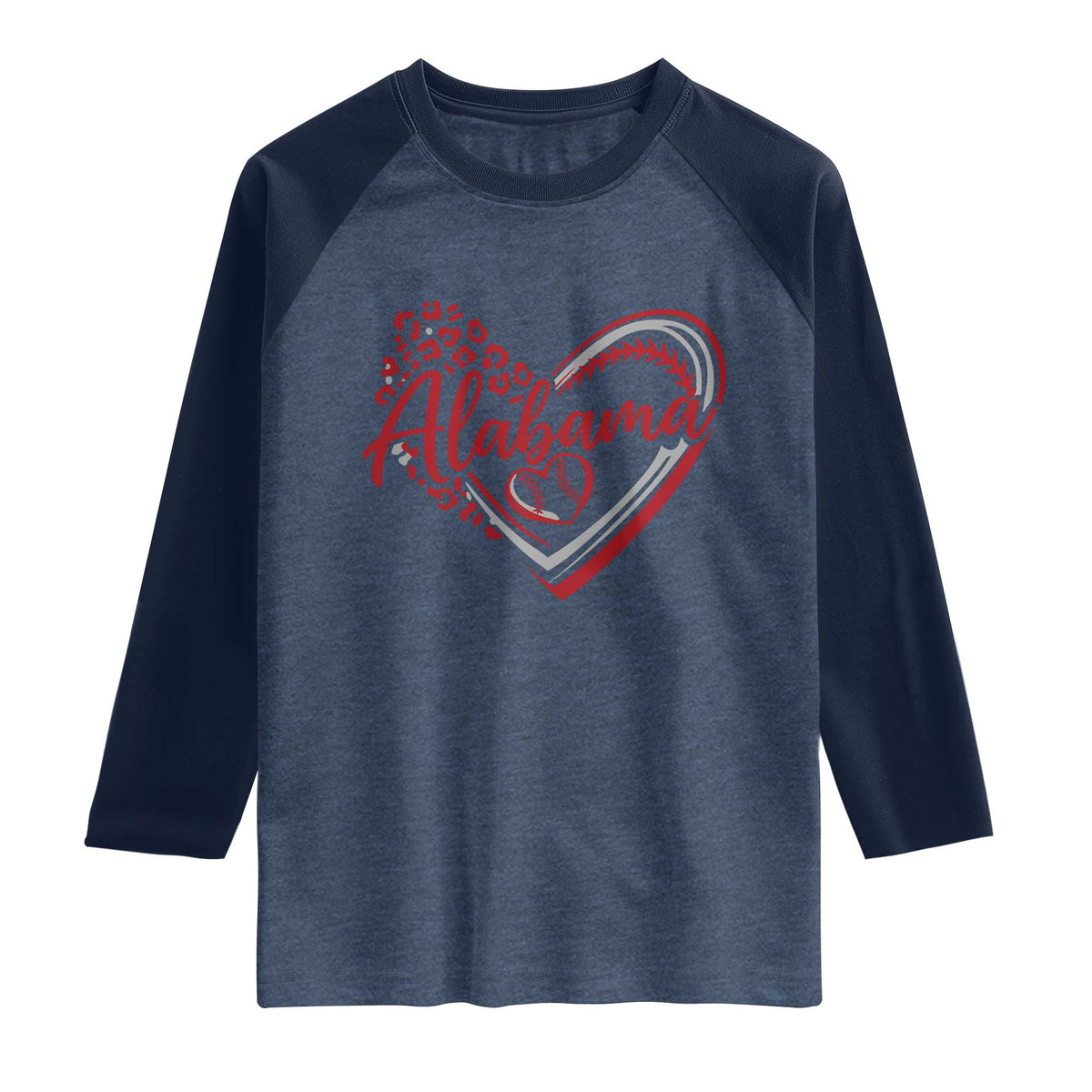 Alabama Fan Raglan Shirt Bama Baseball Leopard Heart Graphic Game Day TS10 Heather Denim Navy Print Your Wear