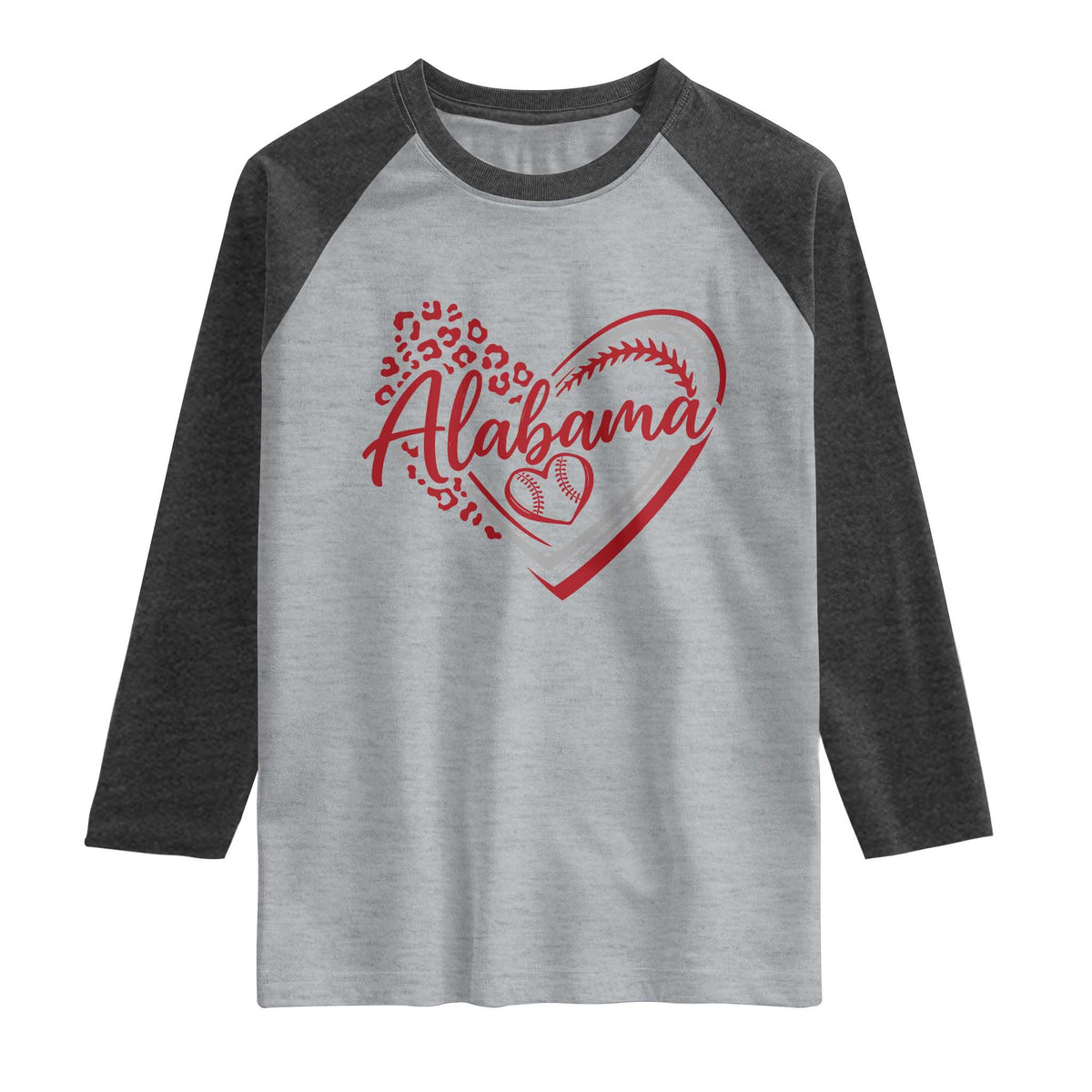 Alabama Fan Raglan Shirt Bama Baseball Leopard Heart Graphic Game Day TS10 Heather Gray Heather Charcoal Print Your Wear