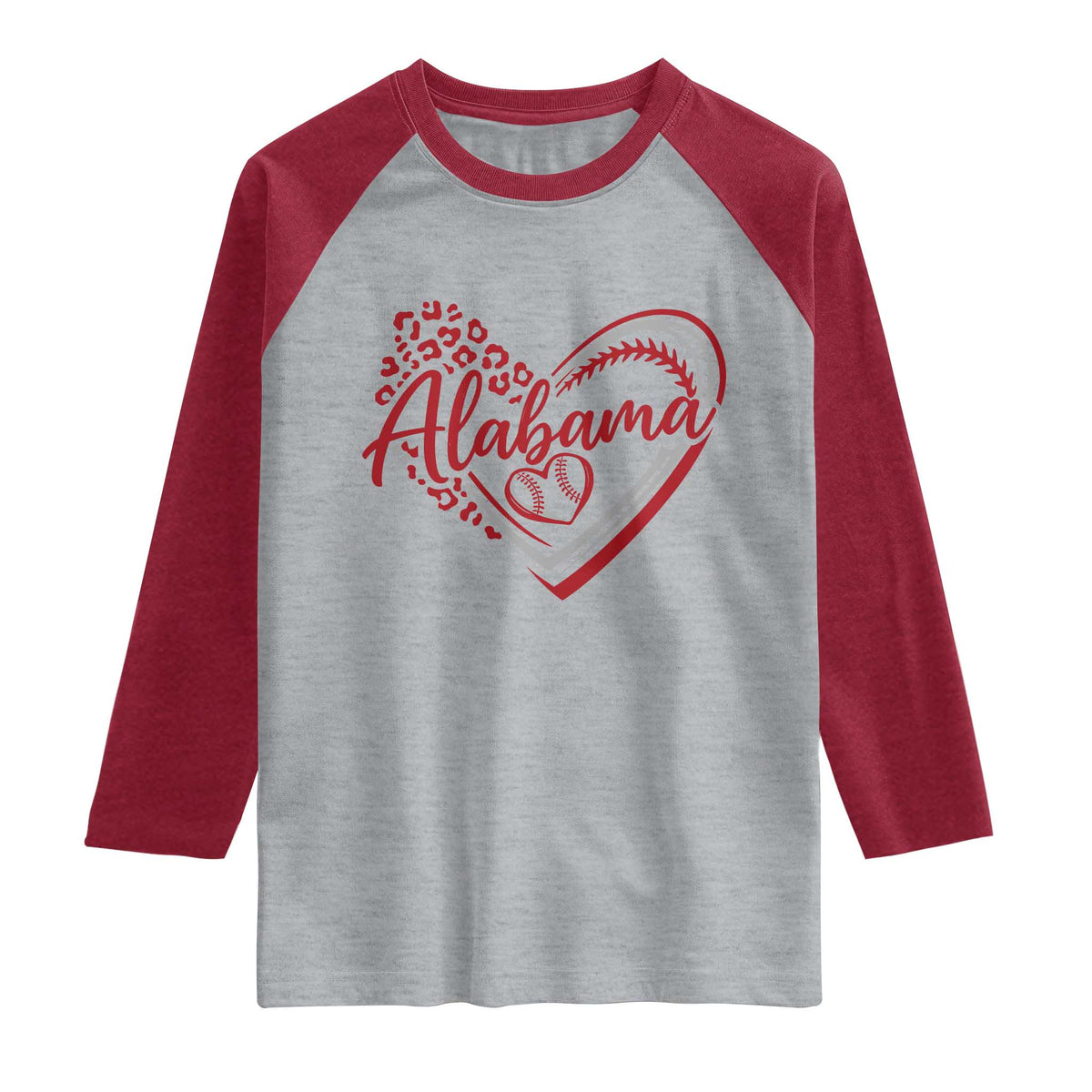 Alabama Fan Raglan Shirt Bama Baseball Leopard Heart Graphic Game Day TS10 Heather Gray Heather Red Print Your Wear