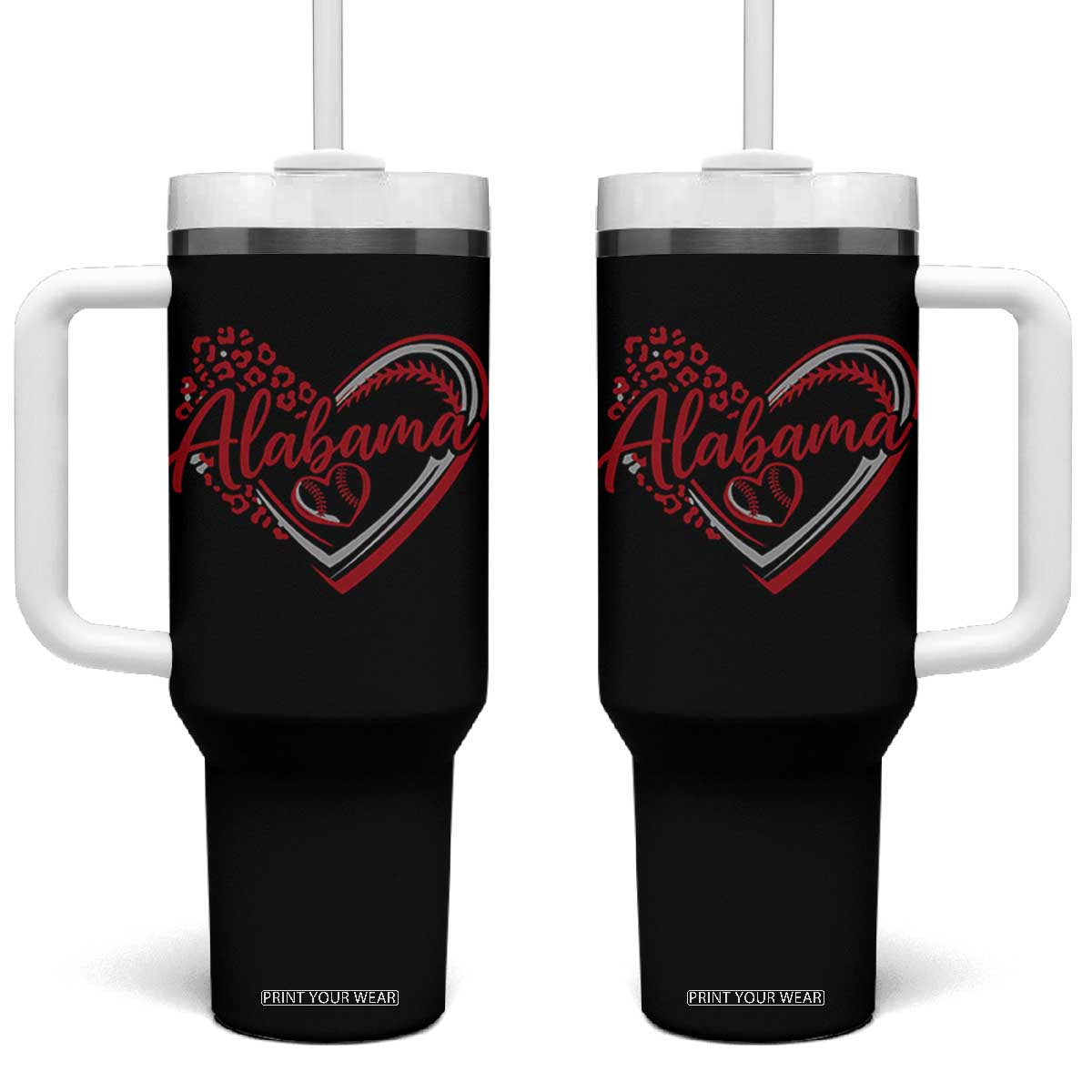 Alabama Fan Tumbler With Handle Bama Baseball Leopard Heart Graphic Game Day TS10 One Size: 40 oz Black Print Your Wear