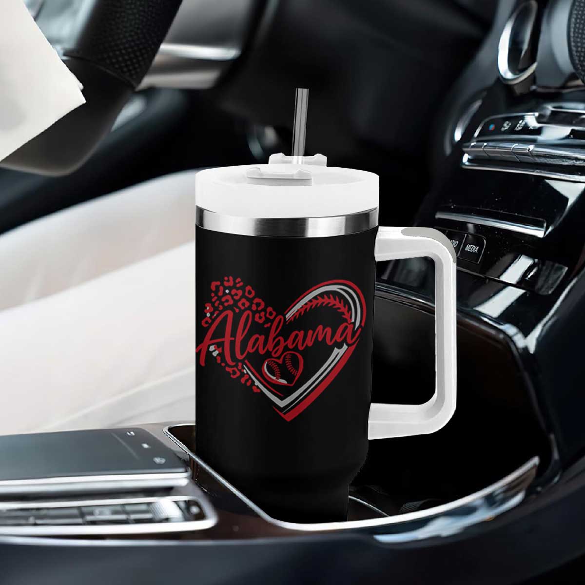 Alabama Fan Tumbler With Handle Bama Baseball Leopard Heart Graphic Game Day TS10 Print Your Wear