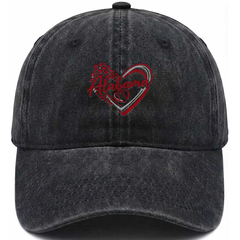 Alabama Fan Washed Cotton Baseball Cap Bama Baseball Leopard Heart Graphic Game Day