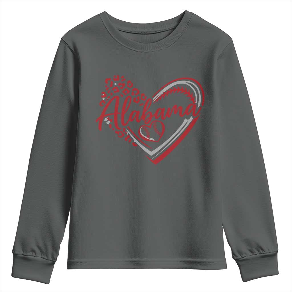 Alabama Fan Youth Sweatshirt Bama Baseball Leopard Heart Graphic Game Day TS10 Dark Heather Print Your Wear