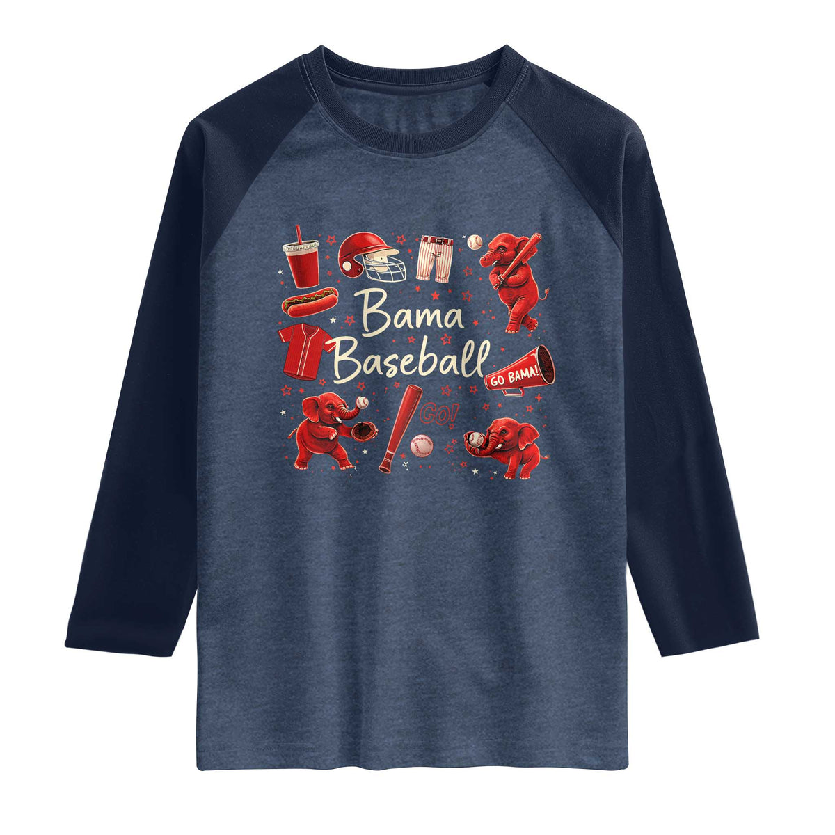 Alabama Baseball Raglan Shirt Cute Trendy Bama Fan Game Day Doodle TS10 Heather Denim Navy Print Your Wear