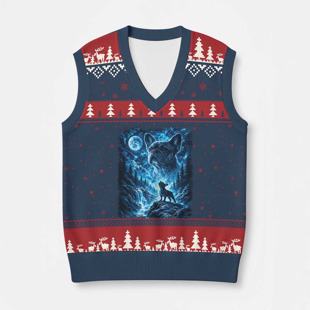French Bulldog Howling To The Moon V-Neck Knit Sweater Vest Vintage Graphic Dog Lovers Silly Frenchy Bulldog Mom TS10 Navy Red Print Your Wear