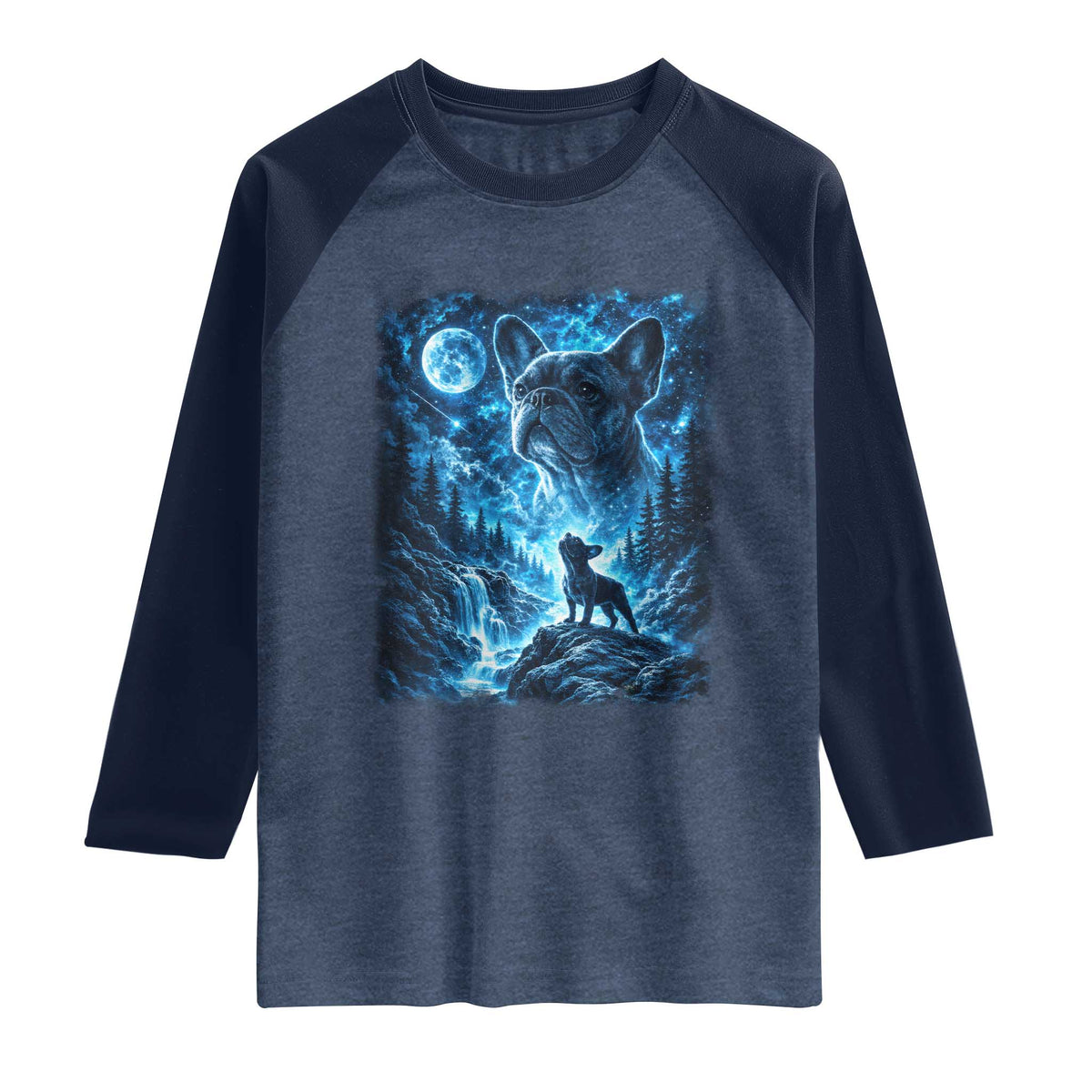 French Bulldog Howling To The Moon Raglan Shirt Vintage Graphic Dog Lovers Silly Frenchy Bulldog Mom TS10 Heather Denim Navy Print Your Wear