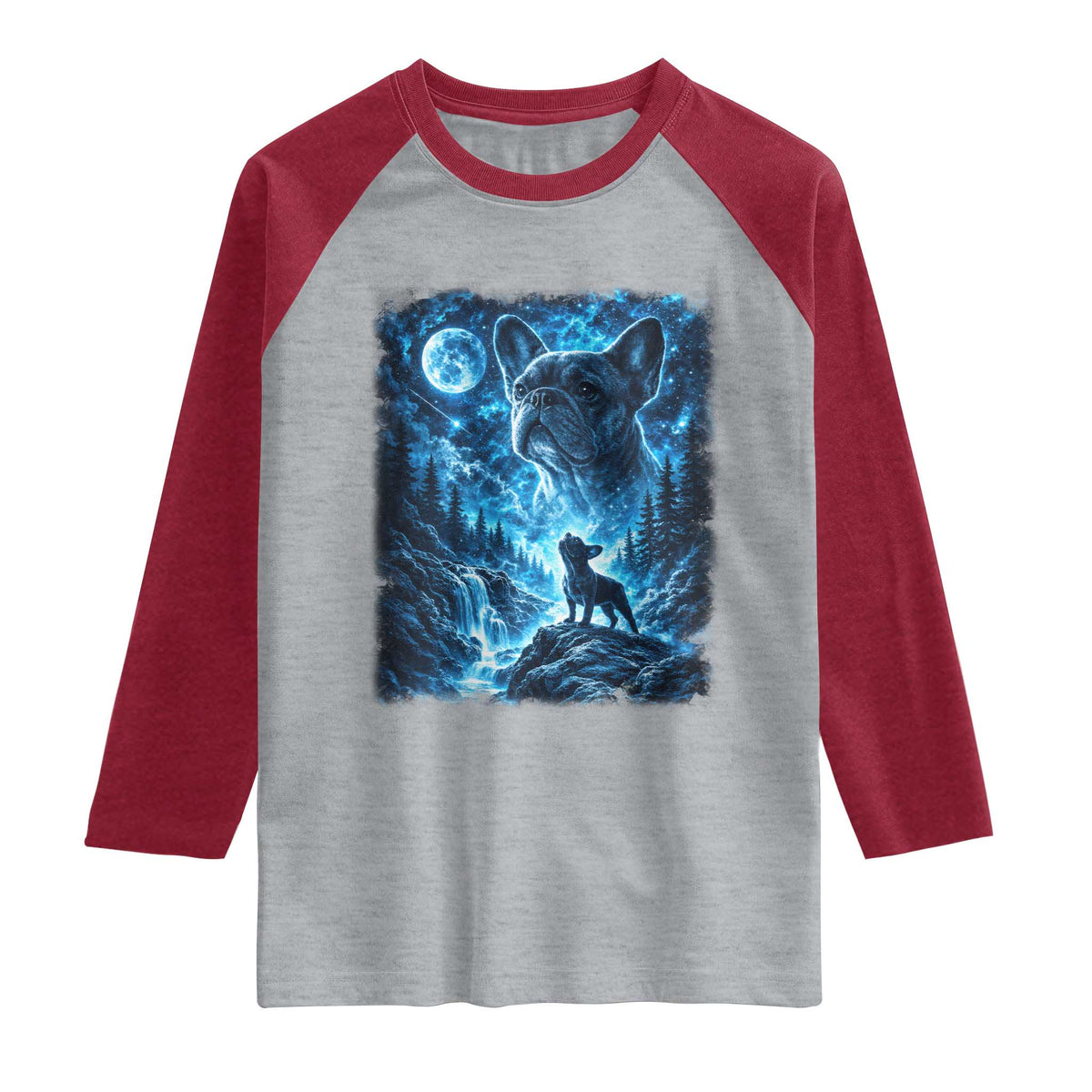 French Bulldog Howling To The Moon Raglan Shirt Vintage Graphic Dog Lovers Silly Frenchy Bulldog Mom TS10 Heather Gray Heather Red Print Your Wear