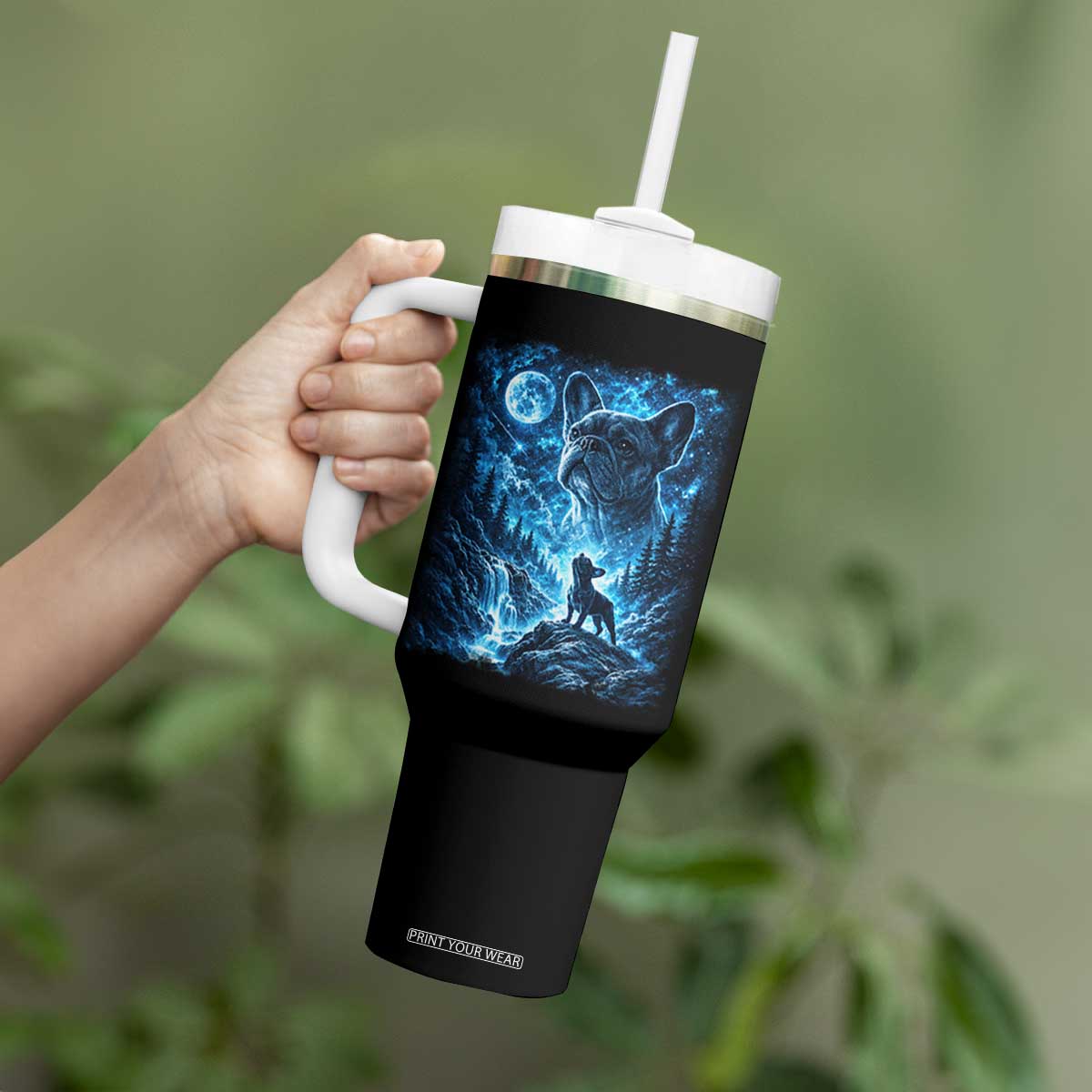 French Bulldog Howling To The Moon Tumbler With Handle Vintage Graphic Dog Lovers Silly Frenchy Bulldog Mom TS10 Print Your Wear