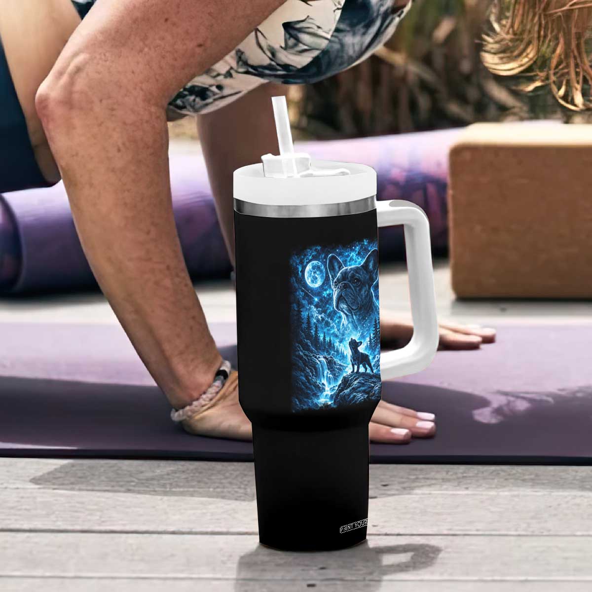 French Bulldog Howling To The Moon Tumbler With Handle Vintage Graphic Dog Lovers Silly Frenchy Bulldog Mom TS10 Print Your Wear