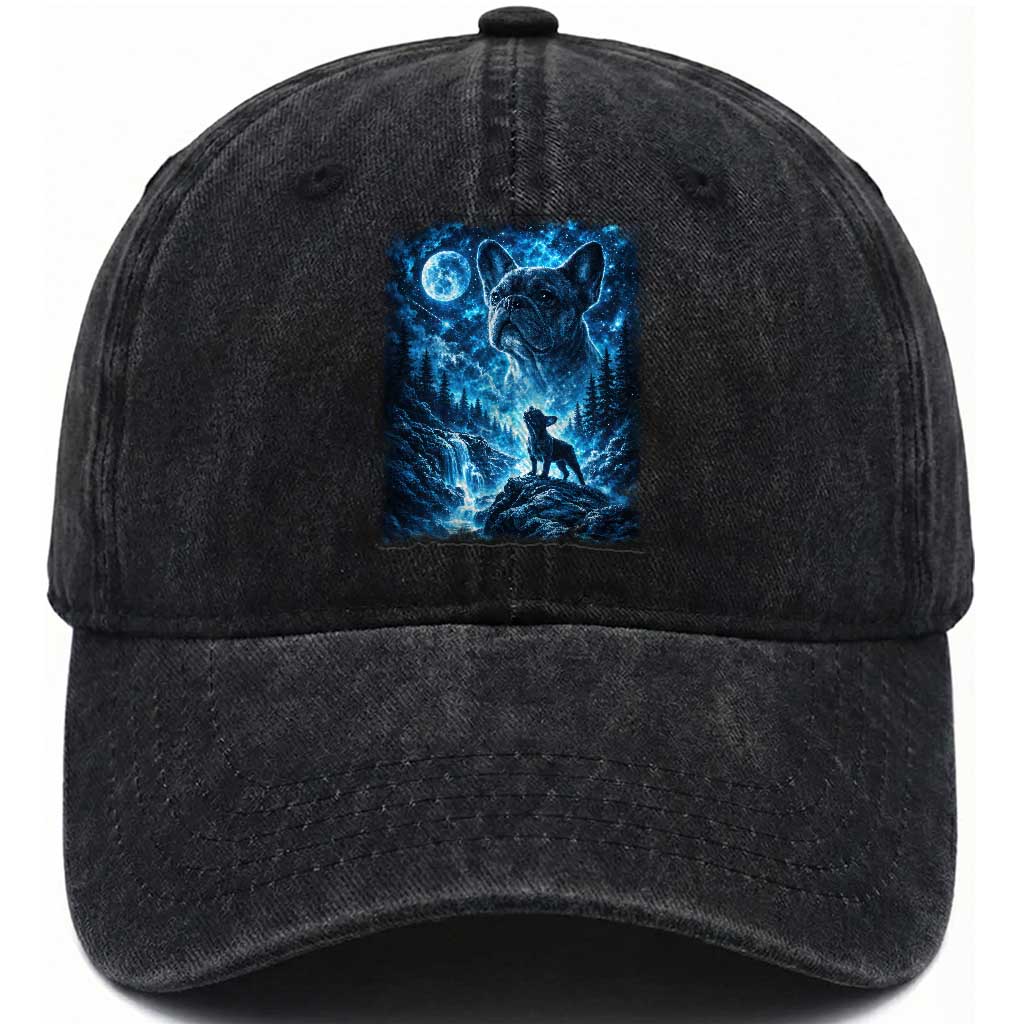 French Bulldog Howling To The Moon Washed Cotton Baseball Cap Vintage Graphic Dog Lovers Silly Frenchy Bulldog Mom TS10 Washed Cap Universal Fit Black Print Your Wear