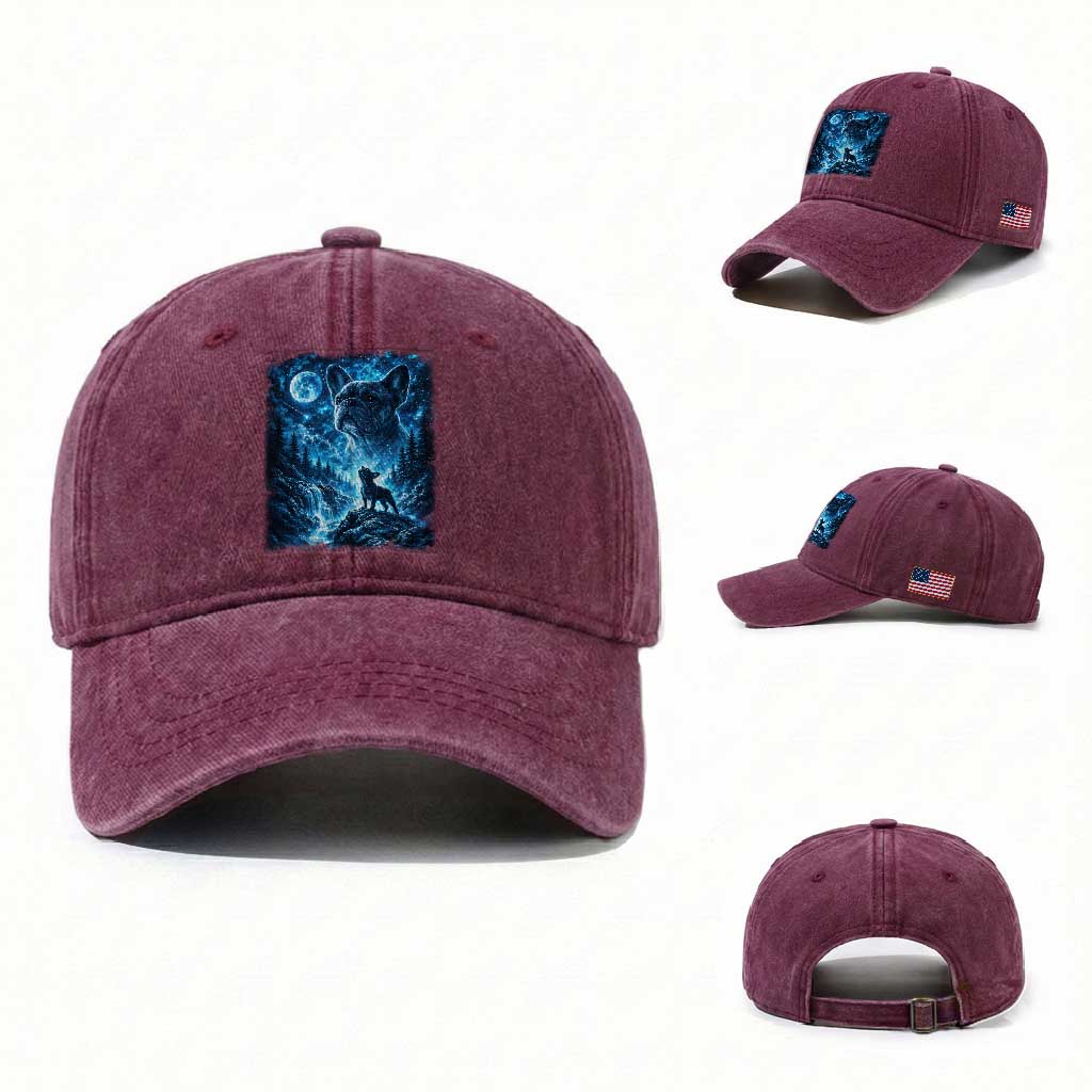 French Bulldog Howling To The Moon Washed Cotton Baseball Cap Vintage Graphic Dog Lovers Silly Frenchy Bulldog Mom TS10 Washed Cap Universal Fit Burgundy Print Your Wear