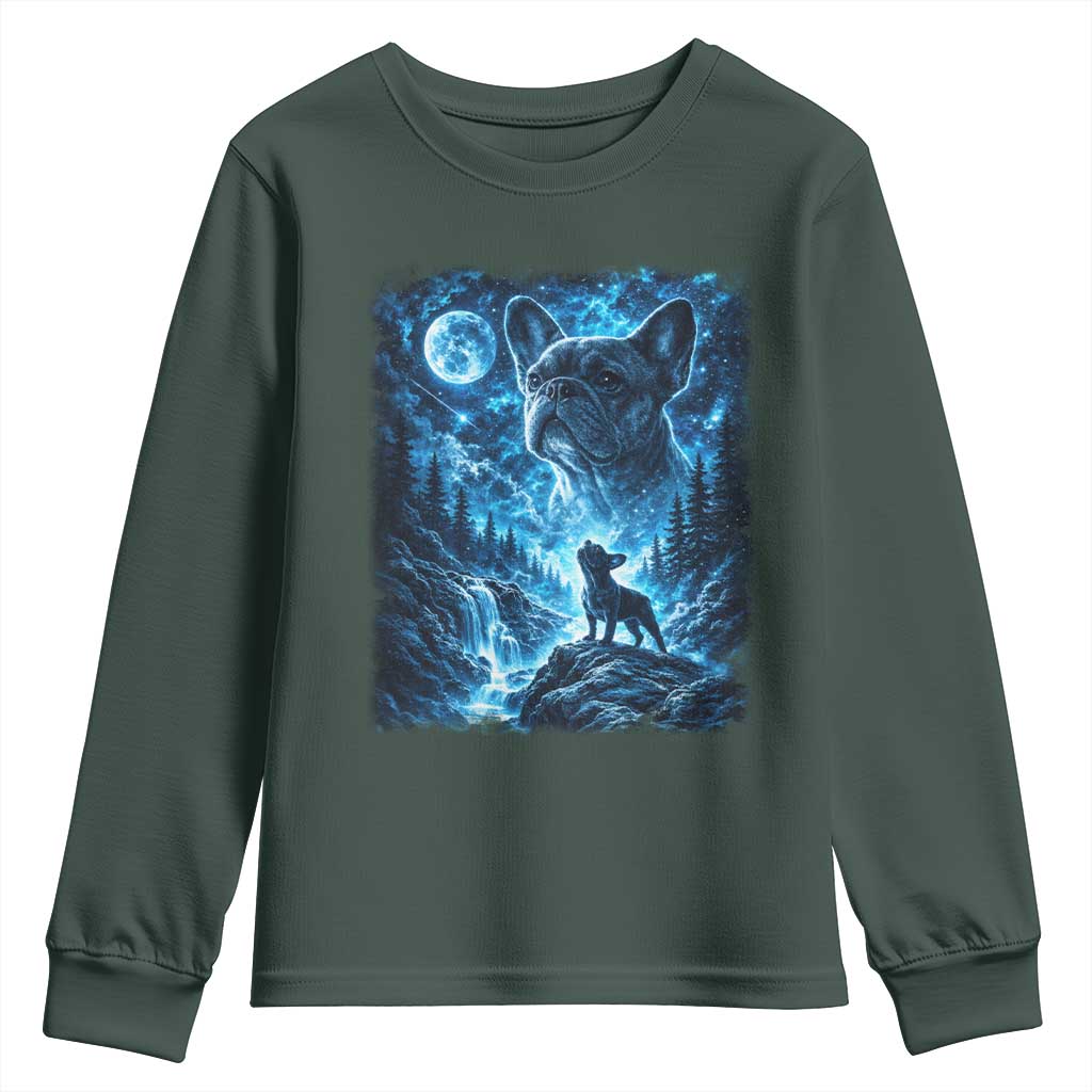 French Bulldog Howling To The Moon Youth Sweatshirt Vintage Graphic Dog Lovers Silly Frenchy Bulldog Mom TS10 Dark Forest Green Print Your Wear