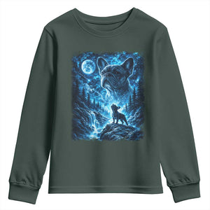 French Bulldog Howling To The Moon Youth Sweatshirt Vintage Graphic Dog Lovers Silly Frenchy Bulldog Mom TS10 Dark Forest Green Print Your Wear