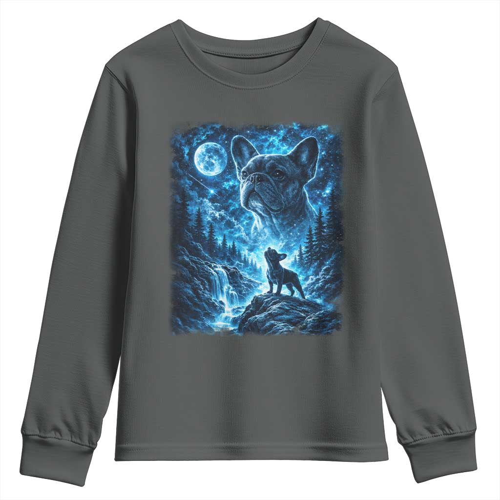 French Bulldog Howling To The Moon Youth Sweatshirt Vintage Graphic Dog Lovers Silly Frenchy Bulldog Mom TS10 Dark Heather Print Your Wear